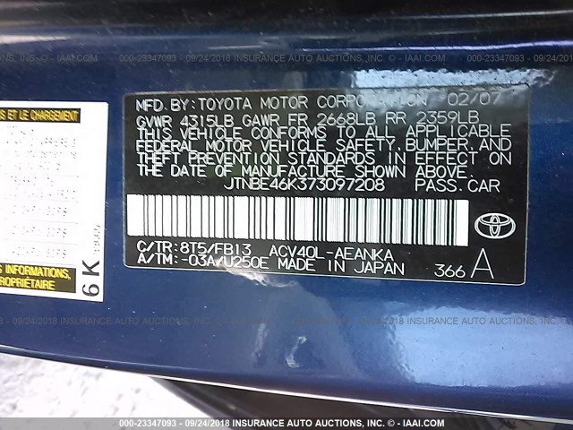 JTNBE46K373097208 - 2007 TOYOTA CAMRY NEW GENERAT CE/LE/XLE/SE BLUE photo 9