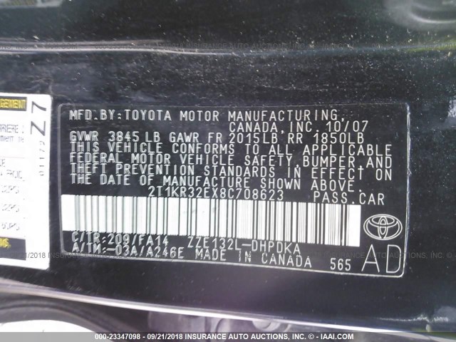 2T1KR32EX8C708623 - 2008 TOYOTA COROLLA MATRIX XR BLACK photo 9
