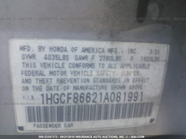 1HGCF86621A081991 - 2001 HONDA ACCORD VALUE SILVER photo 9