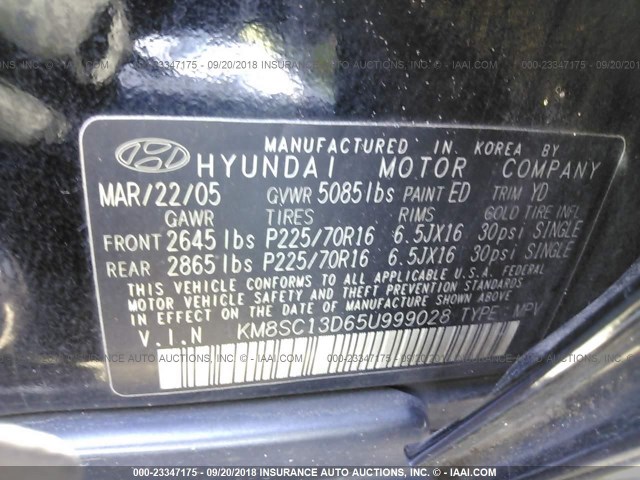 KM8SC13D65U999028 - 2005 HYUNDAI SANTA FE GLS/LX BLACK photo 9