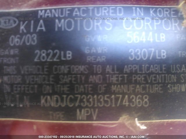 KNDJC733135174368 - 2003 KIA SORENTO EX/LX RED photo 9