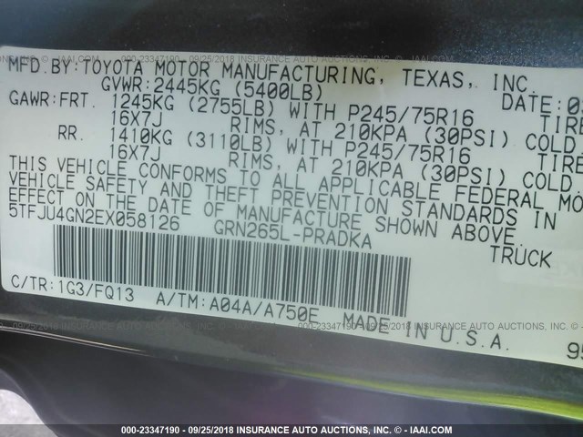 5TFJU4GN2EX058126 - 2014 TOYOTA TACOMA DOUBLE CAB PRERUNNER GRAY photo 9