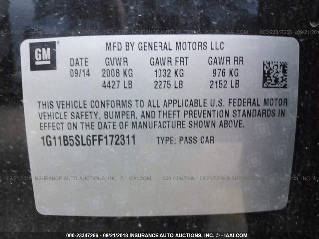 1G11B5SL6FF172311 - 2015 CHEVROLET MALIBU LS შავი ფოტო 9