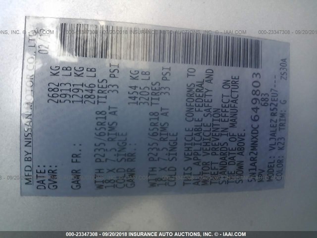 5N1AR2MNXDC649803 - 2013 NISSAN PATHFINDER S/SV/SL/PLATINUM SILVER photo 9