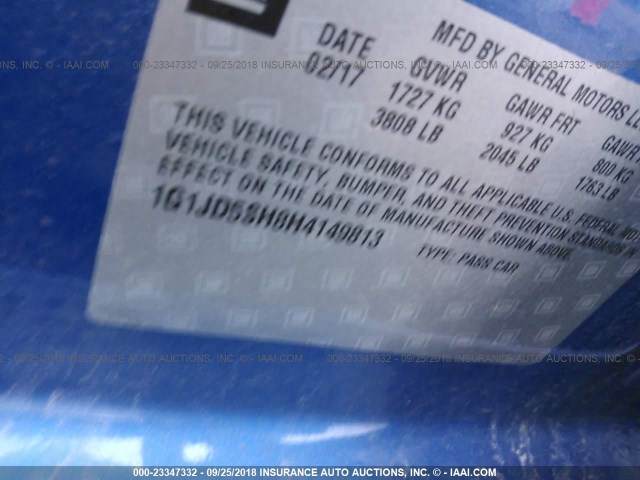 1G1JD5SH8H4149813 - 2017 CHEVROLET SONIC LT BLUE photo 9