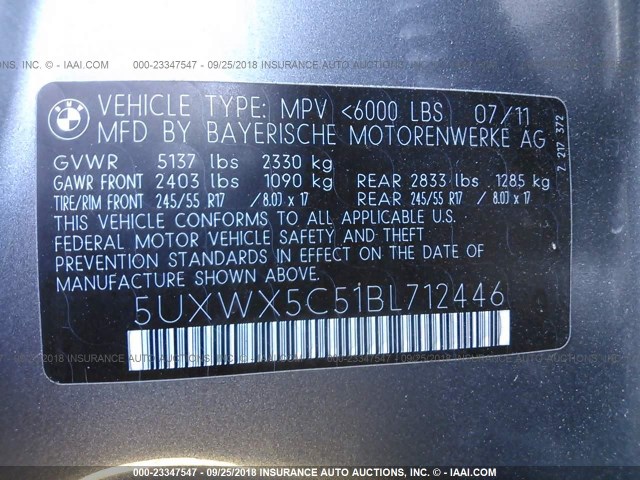 5UXWX5C51BL712446 - 2011 BMW X3 XDRIVE28I GRAY photo 9