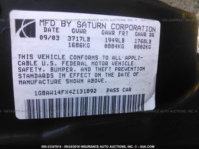 1G8AW14FX4Z131892 - 2004 SATURN ION LEVEL 3 GREEN photo 9