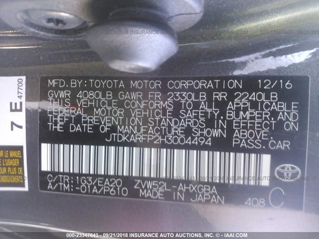 JTDKARFP2H3004494 - 2017 TOYOTA PRIUS PRIME  灰色 照片 9