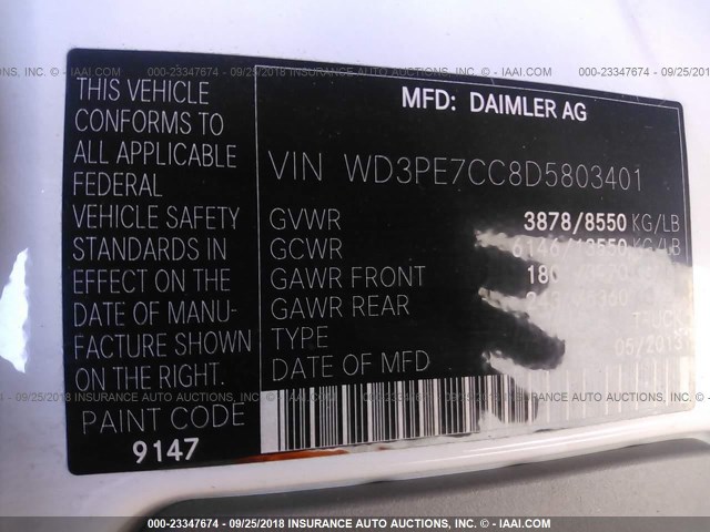 WD3PE7CC8D5803401 - 2013 MERCEDES-BENZ SPRINTER 2500 WHITE photo 9