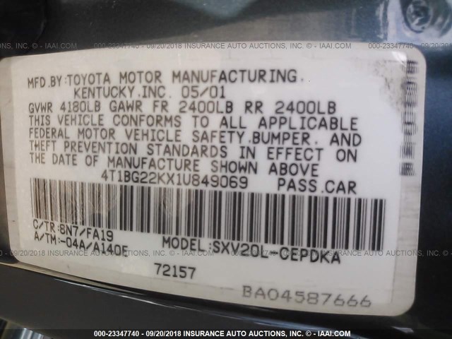 4T1BG22KX1U849069 - 2001 TOYOTA CAMRY CE/LE/XLE Light Blue photo 9