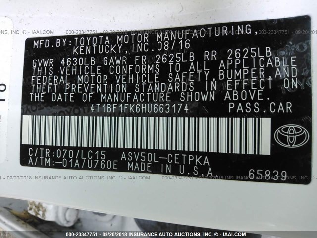 4T1BF1FK6HU663174 - 2017 TOYOTA CAMRY LE/XLE/SE/XSE WHITE photo 9