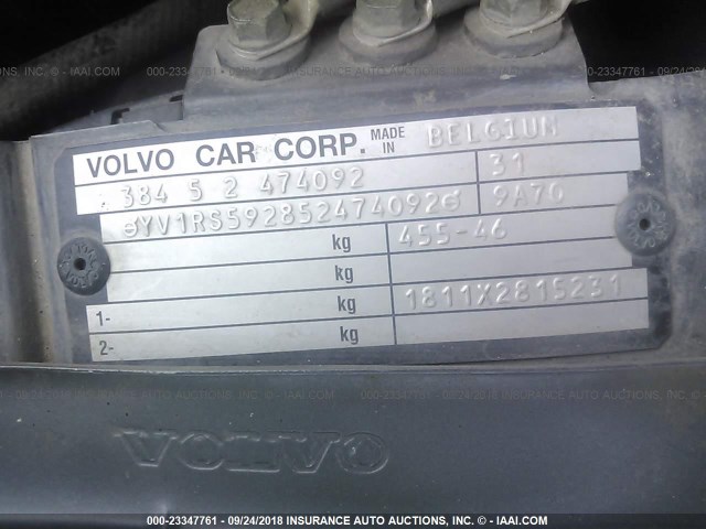YV1RS592852474092 - 2005 VOLVO S60 2.5T GRAY photo 9