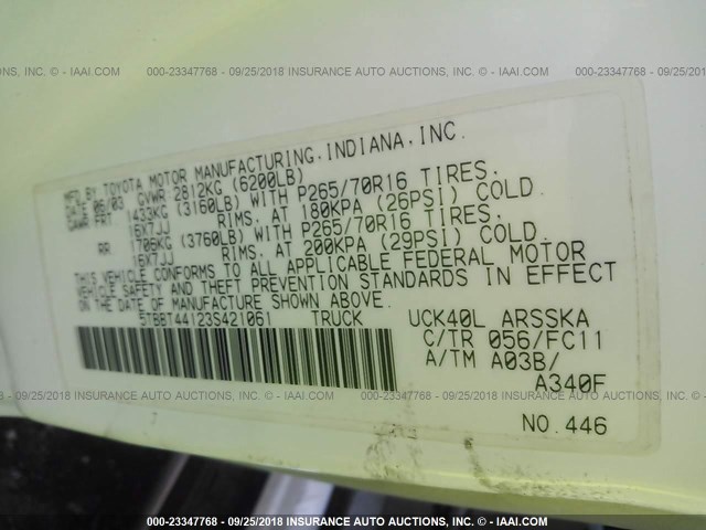 5TBBT44123S421061 - 2003 TOYOTA TUNDRA ACCESS CAB SR5 WHITE photo 9