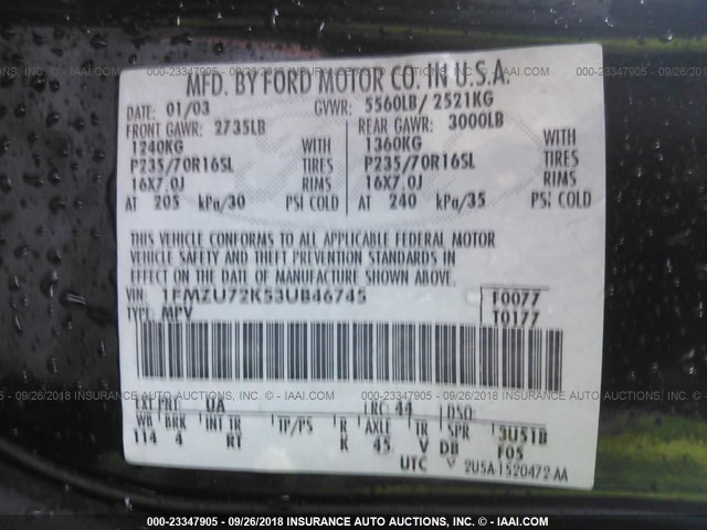 1FMZU72K53UB46745 - 2003 FORD EXPLORER XLS/XLS SPORT BLACK photo 9