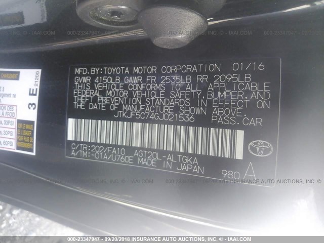 JTKJF5C74GJ021536 - 2016 TOYOTA SCION TC 黑色 照片 9