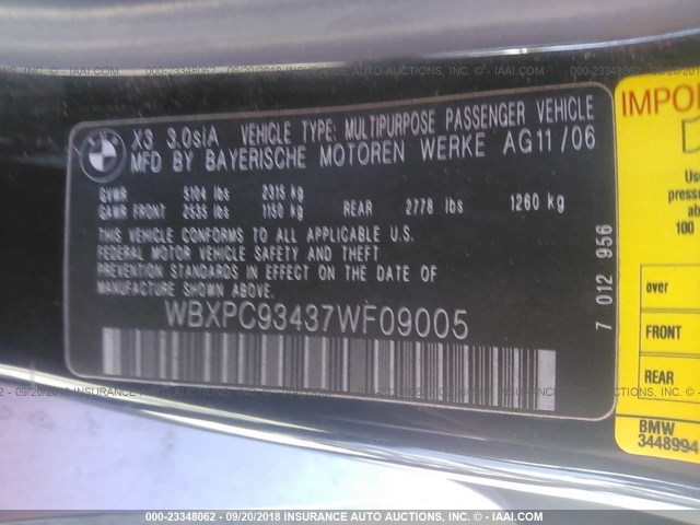 WBXPC93437WF09005 - 2007 BMW X3 3.0SI BLACK photo 9