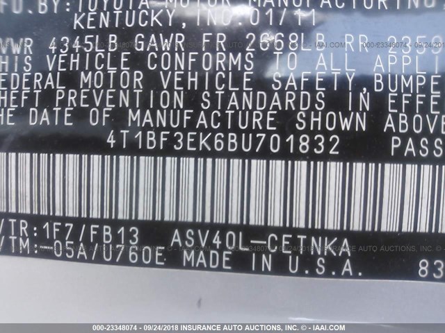 4T1BF3EK6BU701832 - 2011 TOYOTA CAMRY SE/LE/XLE ვერცხლისფერი ფოტო 9