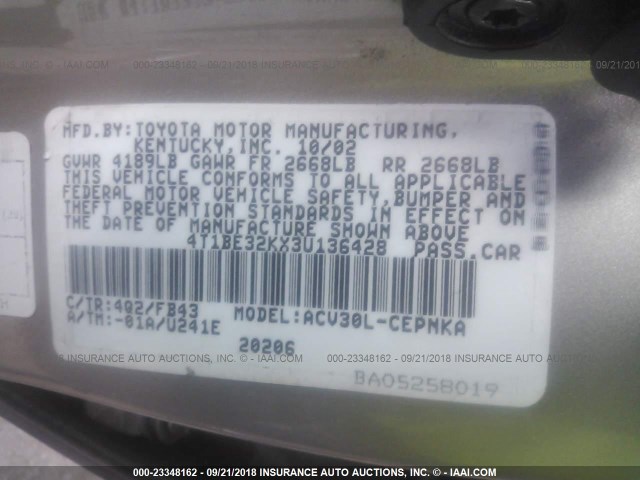4T1BE32KX3U136428 - 2003 TOYOTA CAMRY LE/XLE/SE Қоңыр фото 9