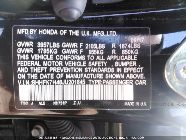 SHHFK7H48JU201845 - 2018 HONDA CIVIC SPORT 黑色 照片 9