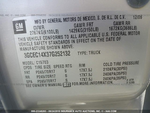 3GCEC14X37G252132 - 2007 CHEVROLET SILVERADO C1500 CLASSIC SILVER photo 9