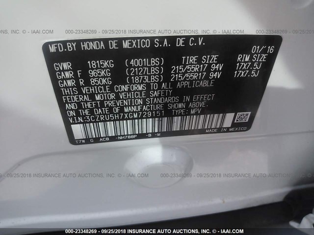 3CZRU5H7XGM729151 - 2016 HONDA HR-V EXL WHITE photo 9