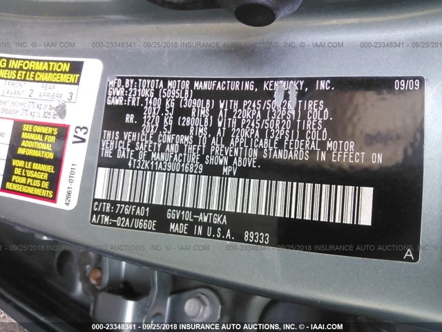 4T3ZK11A39U016829 - 2009 TOYOTA VENZA GREEN photo 9