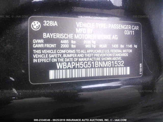 WBAPH5G51BNM81532 - 2011 BMW 328 I SULEV BLACK photo 9