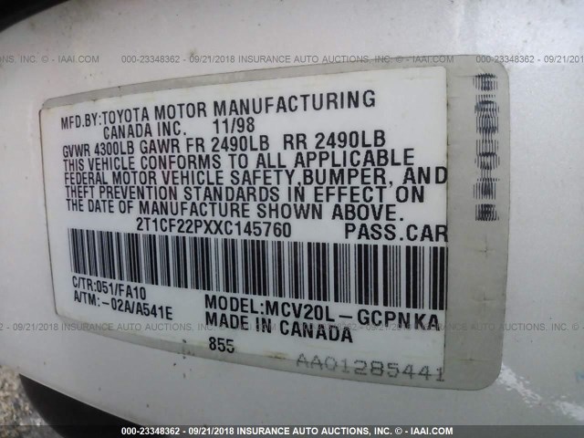 2T1CF22PXXC145760 - 1999 TOYOTA CAMRY SOLARA SE/SLE თეთრი ფოტო 9