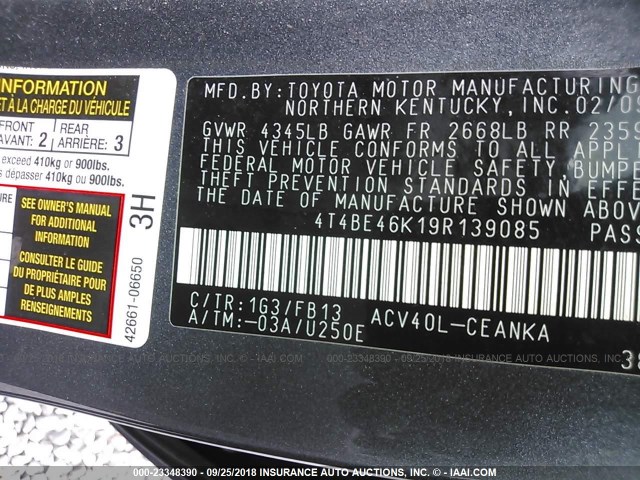 4T4BE46K19R139085 - 2009 TOYOTA CAMRY SE/LE/XLE GRAY photo 9