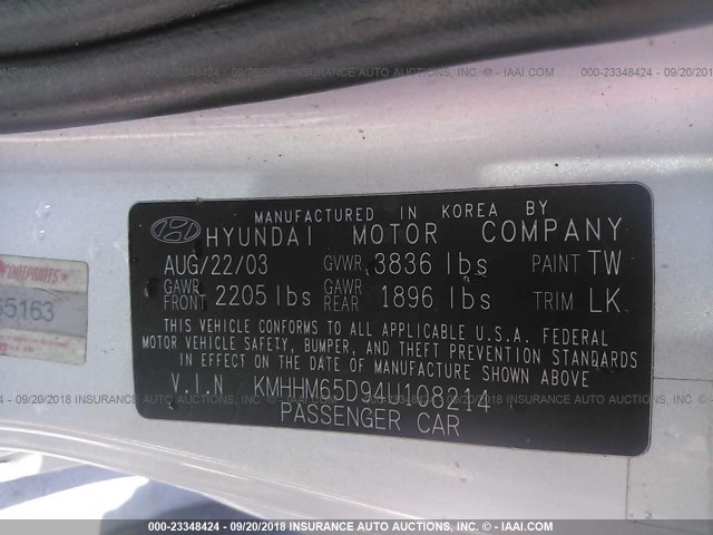 KMHHM65D94U108214 - 2004 HYUNDAI TIBURON SILVER photo 9