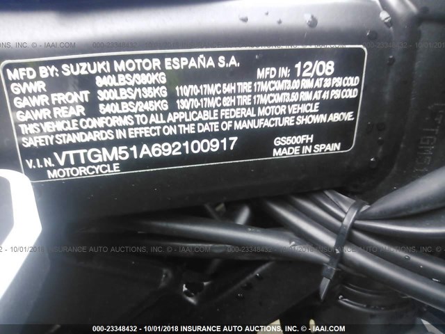 VTTGM51A692100917 - 2009 SUZUKI GS500 BLUE photo 10