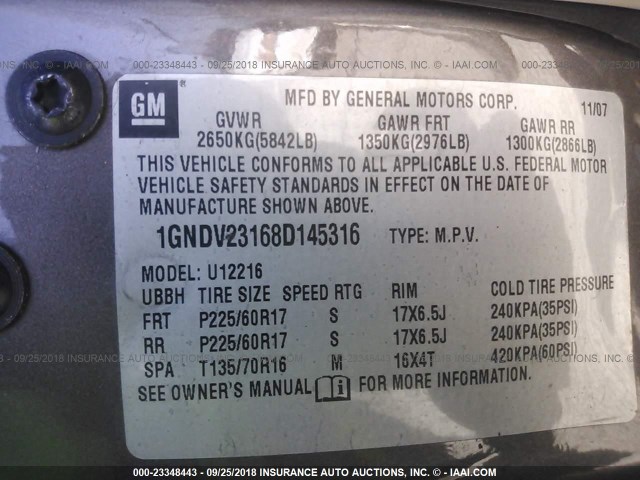 1GNDV23168D145316 - 2008 CHEVROLET UPLANDER LS BROWN photo 9