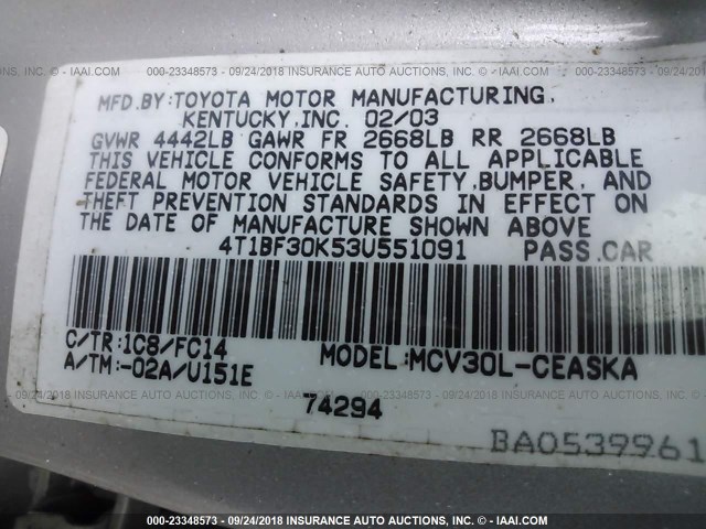 4T1BF30K53U551091 - 2003 TOYOTA CAMRY LE/XLE/SE Күміс фото 9