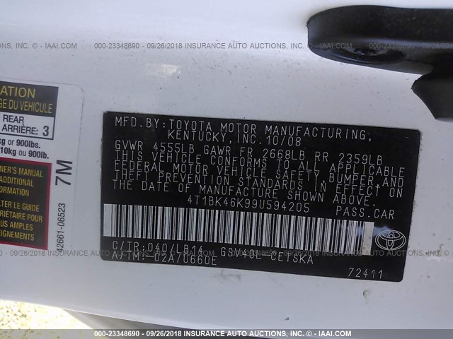 4T1BK46K99U594205 - 2009 TOYOTA CAMRY SE/LE/XLE თეთრი ფოტო 9