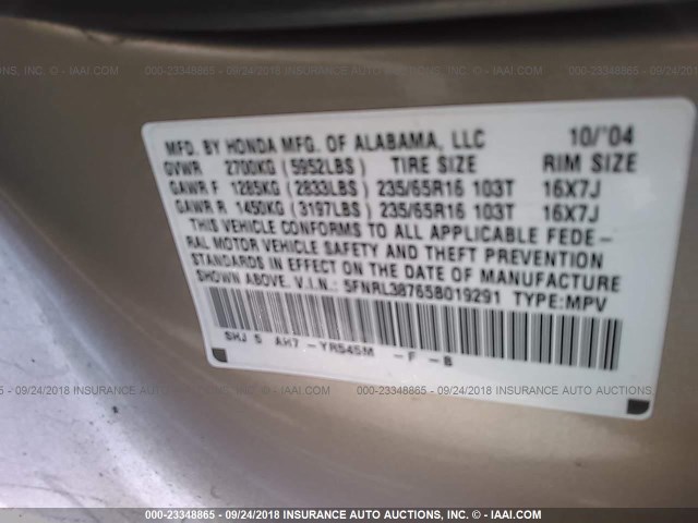 5FNRL38765B019291 - 2005 HONDA ODYSSEY EXL GRAY photo 9