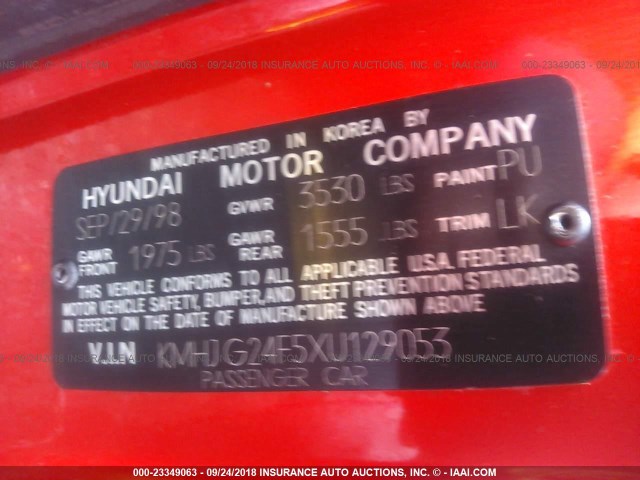 KMHJG24F5XU129053 - 1999 HYUNDAI TIBURON RED photo 9