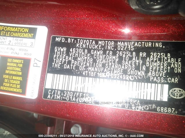 4T1BF1FK7FU924924 - 2015 TOYOTA CAMRY LE/XLE/SE/XSE RED photo 9