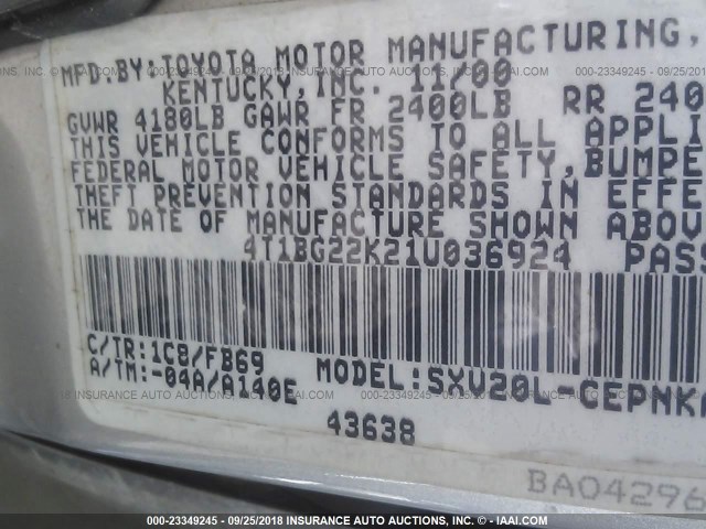 4T1BG22K21U036924 - 2001 TOYOTA CAMRY CE/LE/XLE 银色 照片 9