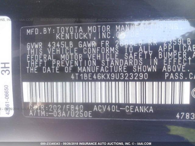 4T1BE46KX9U323290 - 2009 TOYOTA CAMRY SE/LE/XLE შავი ფოტო 9