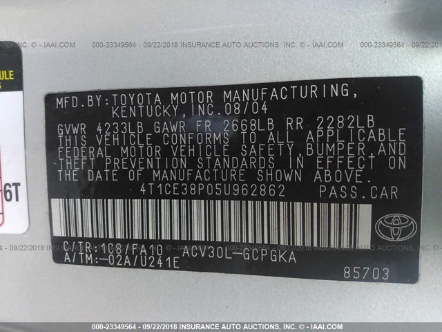 4T1CE38P05U962862 - 2005 TOYOTA CAMRY SOLARA SE/SLE Gümüş foto 9