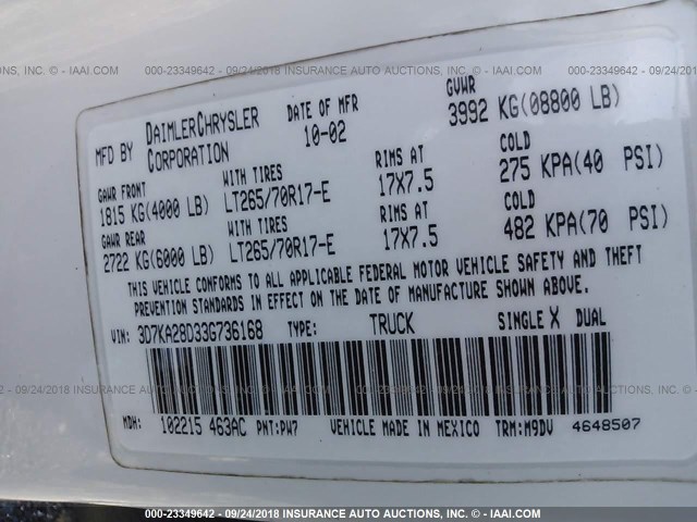 3D7KA28D33G736168 - 2003 DODGE RAM 2500 ST/SLT 白色 照片 9