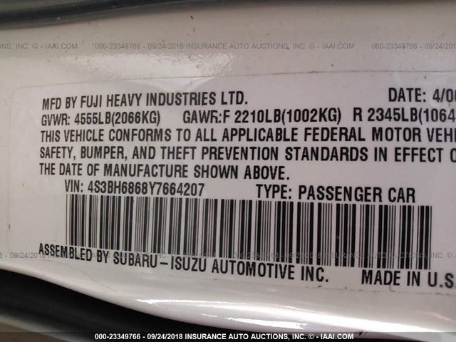 4S3BH6868Y7664207 - 2000 SUBARU LEGACY OUTBACK LIMITED WHITE photo 9