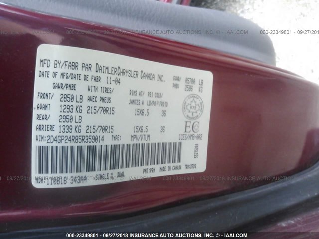 2D4GP24R85R359014 - 2005 DODGE GRAND CARAVAN SE MAROON photo 9