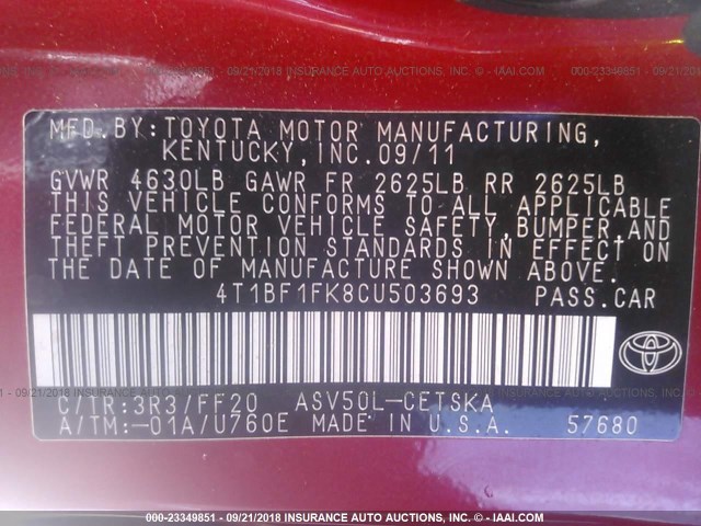 4T1BF1FK8CU503693 - 2012 TOYOTA CAMRY SE/LE/XLE 红色 照片 9