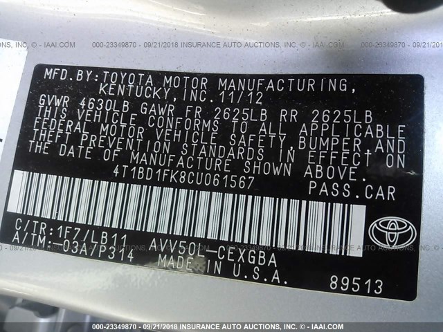 4T1BD1FK8CU061567 - 2012 TOYOTA CAMRY HYBRID/LE/XLE 银色 照片 9