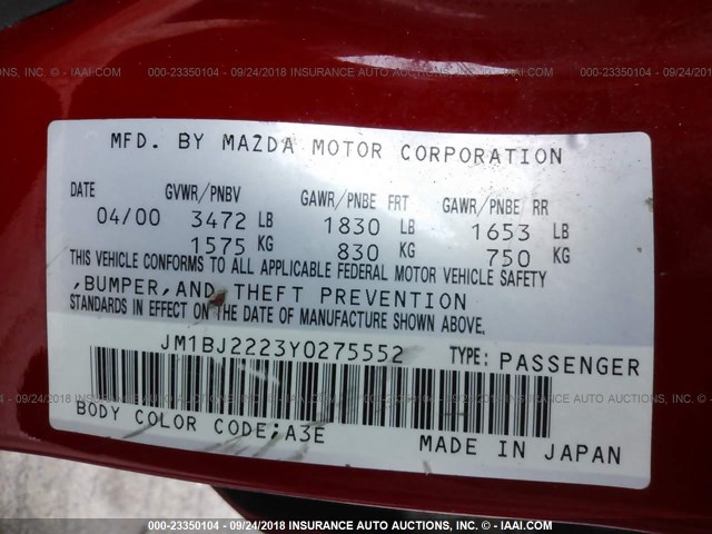 JM1BJ2223Y0275552 - 2000 MAZDA PROTEGE DX/LX RED photo 9