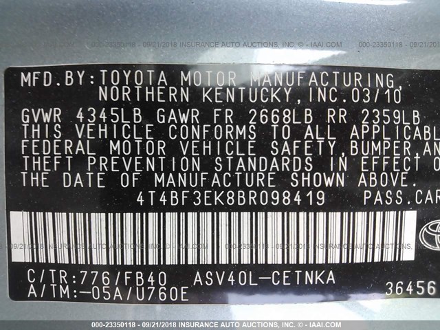 4T4BF3EK8BR098419 - 2011 TOYOTA CAMRY SE/LE/XLE 绿色 照片 9
