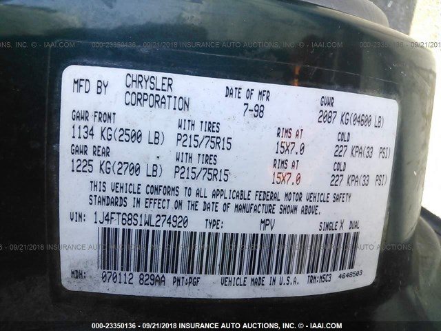 1J4FT68S1WL274920 - 1998 JEEP CHEROKEE SPORT/CLASSIC მწვანე ფოტო 9