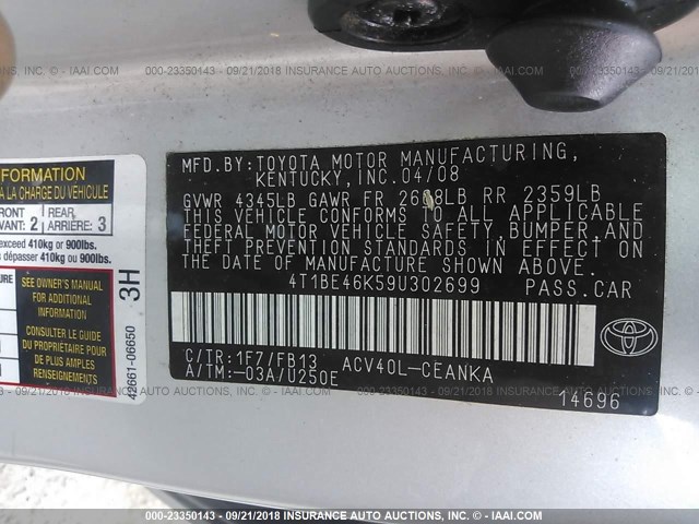 4T1BE46K59U302699 - 2009 TOYOTA CAMRY SE/LE/XLE 灰色 照片 9