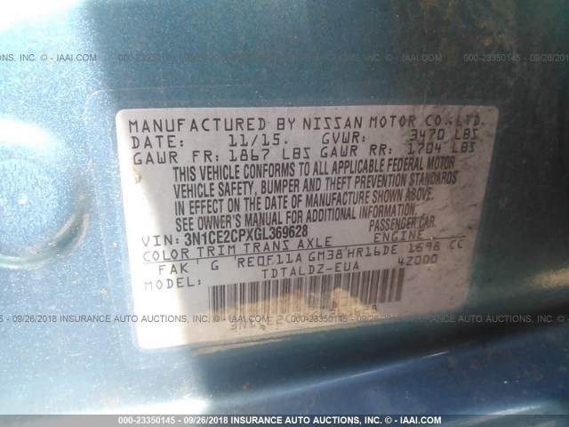 3N1CE2CPXGL369628 - 2016 NISSAN VERSA NOTE S/S PLUS/SV/SL/SR Light Blue photo 9